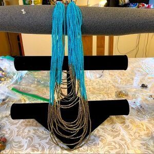 Vtg 24 Strand Seed Bead Necklace Gold Tone & Turquoise Color Southwest Vibe 36”